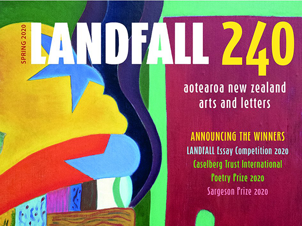Landfall 240 journal cover with colourful abstract art